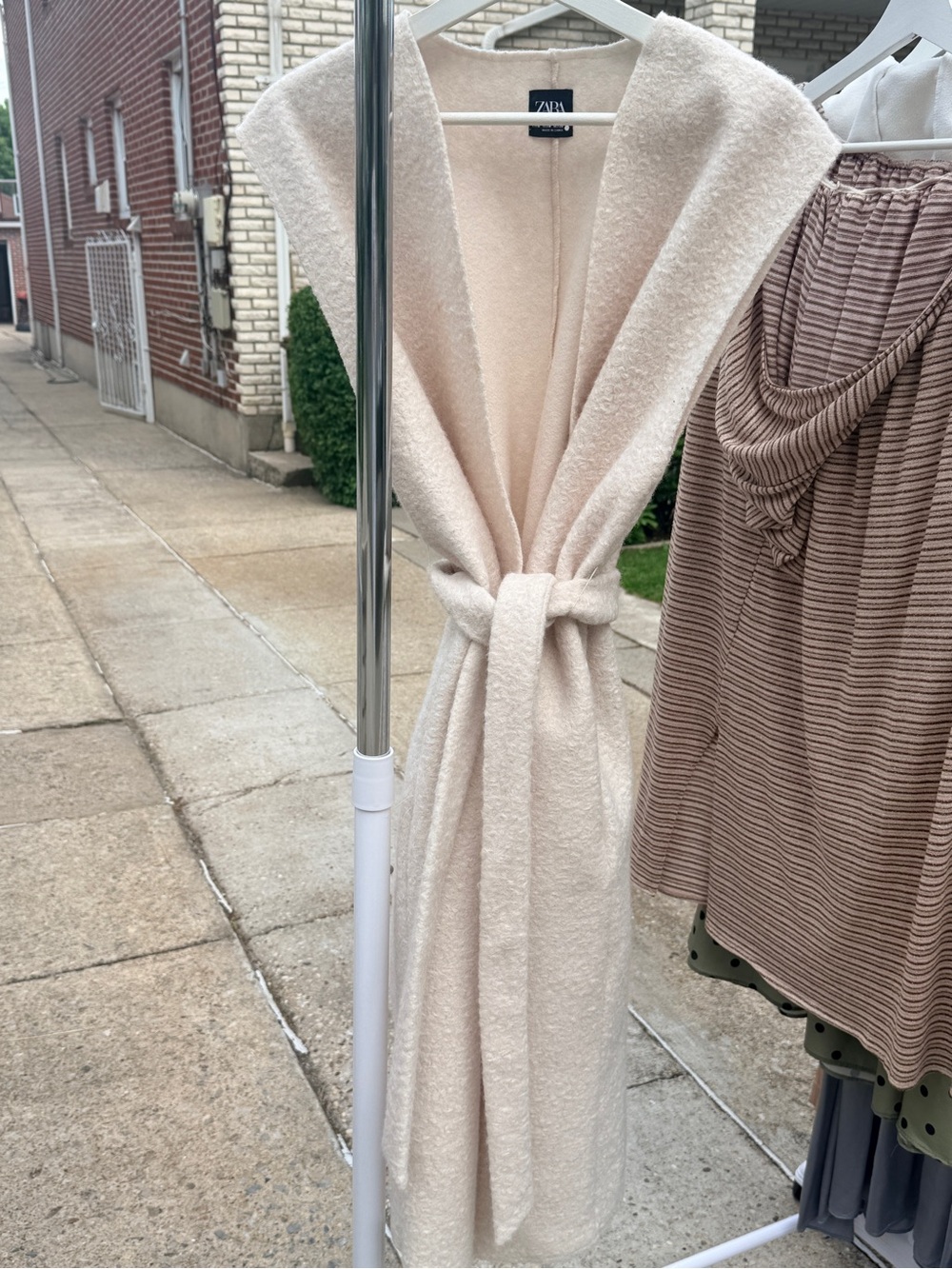 Zara Cream Bouclé Hooded Wrap with Belt